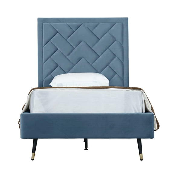 Blue Velvet Upholstered Twin Bed Frame with Headboard, Modern Platform Bed, No Box Spring Needed, Tool-Free Assembly