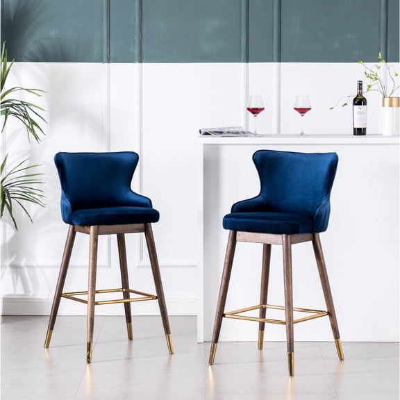 Blue Velvet-like Fabric - Mid-century Style - Home Bar - Set of Two Wingback Bar Stools