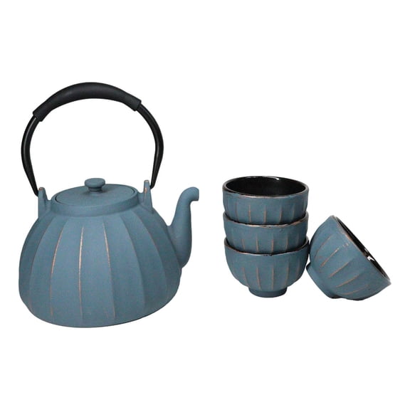 Blue Vertical Lines Design Tetsubin Cast Iron Teapot 33oz And 4 Tea Cups Set
