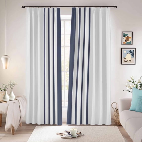 Blue Vertical Striped Blackout Curtains for Bedroom/Living Room, Pinch Pleated Black Out Curtains, White Minimalist Modern Room Darkening Window Drapes with Hooks 2 Panels, 39"x70"