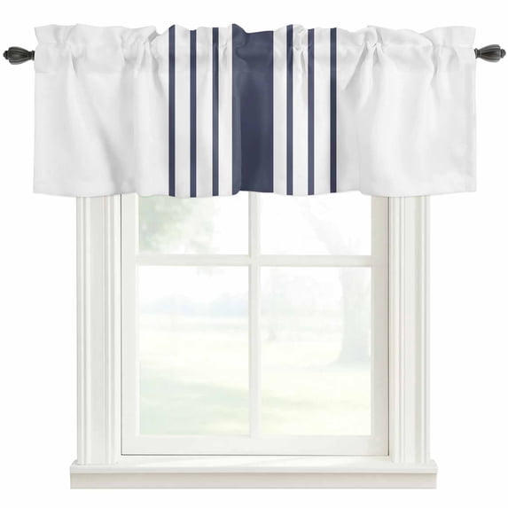 Blue Vertical Striped Farmhouse Short Window Curtain Valances, White Minimalist Modern Rod Pocket Kitchen Valances for Living Room Bedroom Bathroom Cafe 42" x 12"