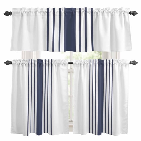 Blue Vertical Striped Kitchen Curtains Sets for Windows 24 Inch Length, White Minimalist Modern Rod Pocket Window Treatments Tier Curtains and Valances Set for Bedroom/Bathroom