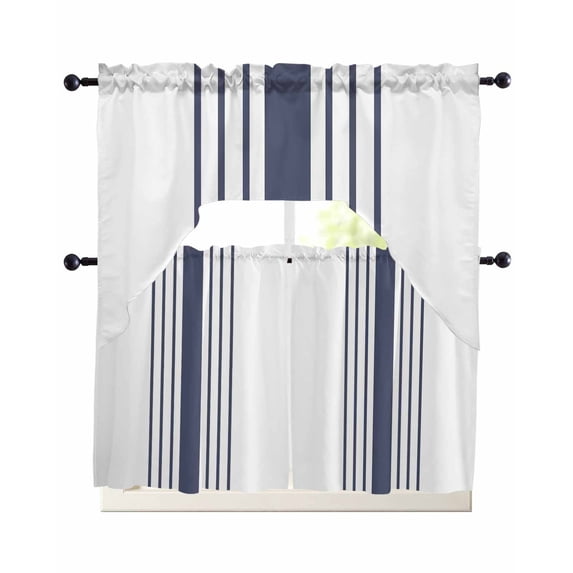 Blue Vertical Striped Swag Kitchen Curtains Sets for Windows 24 Inch Length, White Minimalist Modern Short Window Curtain Panels Swags Valances and Tiers 3 Piece Set for Cafe/Dining Room