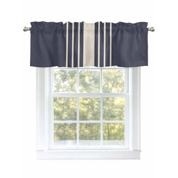 Blue Vertical Stripes Valances for Windows, Rod Pocket Kitchen Valance Curtains - Soft & Washable Small Window Treatment for Living Room, Bathroom, Classic Striped Linen 54x18inch, 1 Panel
