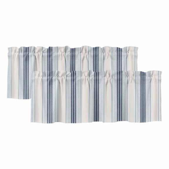 Blue Vertical Stripes Window Valance, Herringbone Line Details 2 Pack Decorative Curtain for Small Windows, Light Filtering Valance with 3” Rod Pocket, 42"W x 12"L