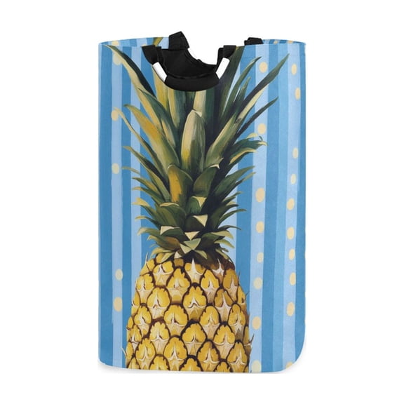 Blue Vertical Stripes Yellow Dots Pineapple Laundry Basket with Handles Foldable Laundry Hamper Freestanding Washing Bin 50L