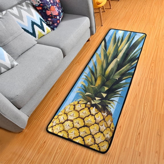 Blue Vertical Stripes Yellow Dots Pineapple Long Floor Mat Runner Rug Area Rug Carpet Water Absorbent Non-Slip 72" x 24"