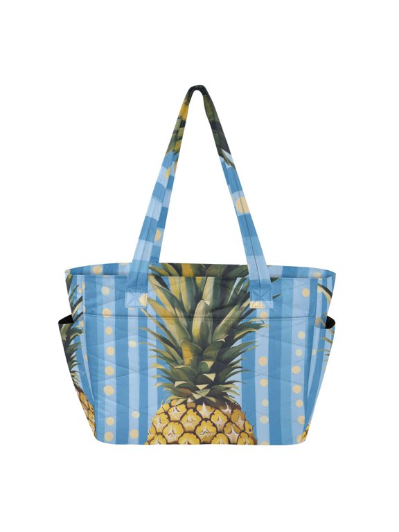 Blue Vertical Stripes Yellow Dots Pineapple Women's Quilted Tote HandBag Beach Bag Shoulder Bag with Luggage Strap 18L for Commute Gym Travel