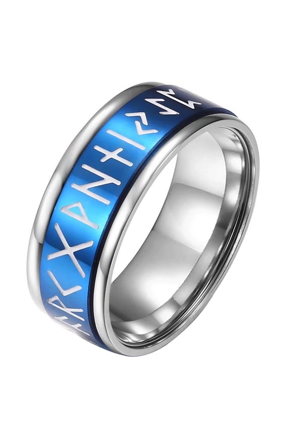 Blue Viking Rune Spinner Ring Stainless Steel Celtic Norse Anti-Anxiety Band Mens Womens Fantasy Forge Jewelry
