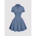 thumbnail image 1 of Blue Vintage 2000s Ribbed Knit Collar Mini Dress, Preppy 70s Flared Skirt, 1 of 4