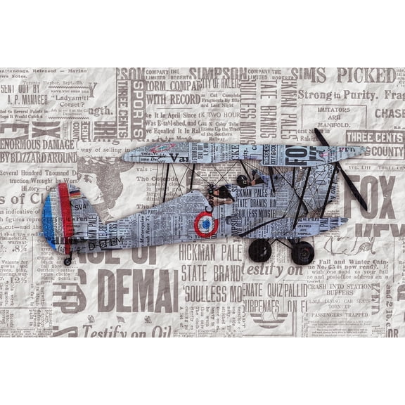 Blue Vintage Airplane on Newspaper Background Themed Birthday Edible Icing Image Cake Topper, by Tnct.