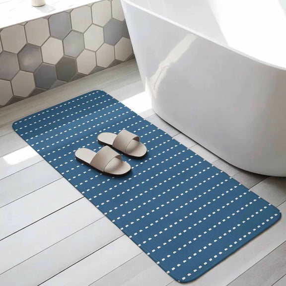 Blue Vintage Bathroom Runner Rugs Non Slip Washable Absorbent Narrow Long Bath Mat Farmhouse Geometric Vertical Stripes Modern Runner Rugs for Kitchen Hallway Bedroom Laundry Study Room 15.7"x47.2"