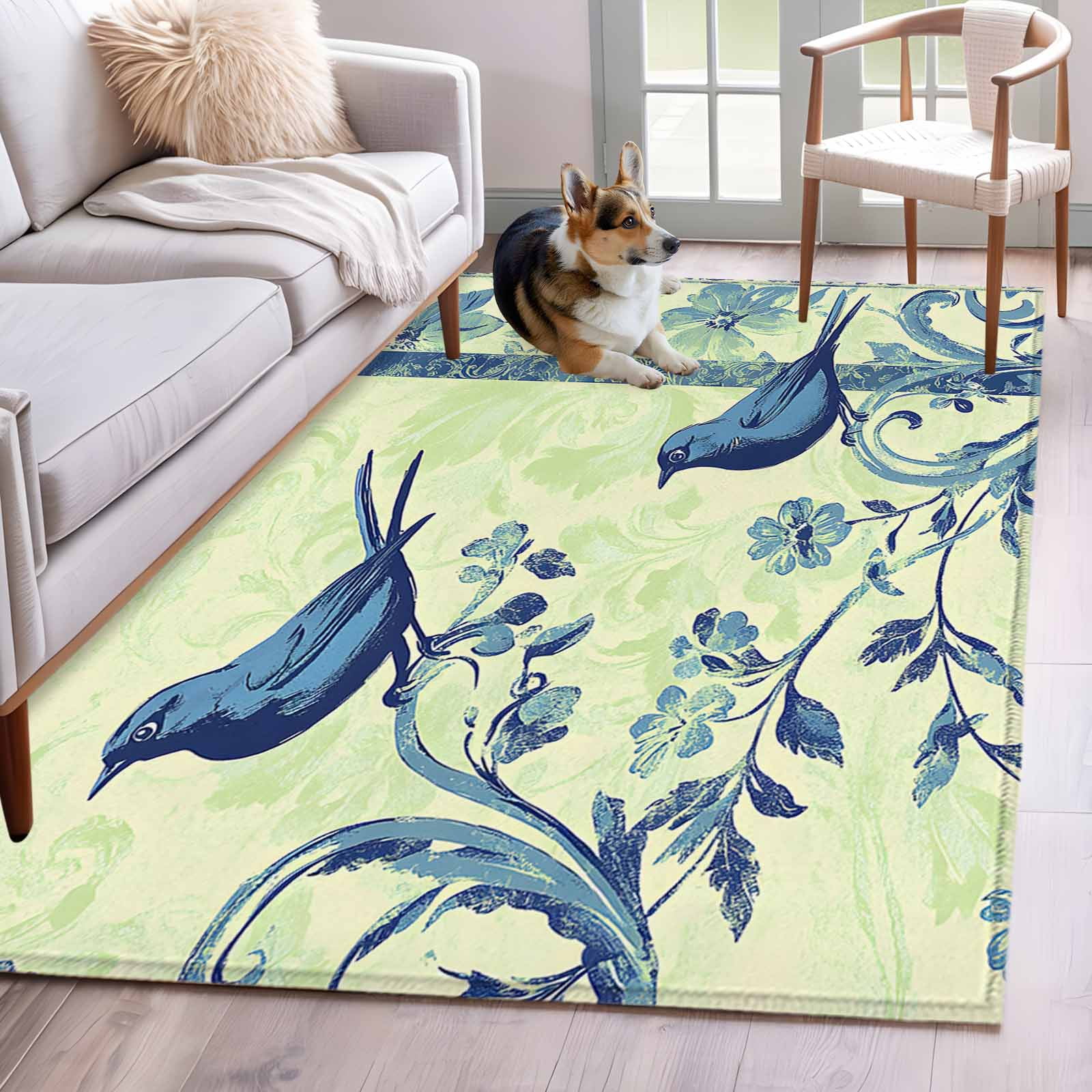 Blue Vintage Bird Area Rug 4x6 Washable Rug Non Slip Retro Sage Green ...