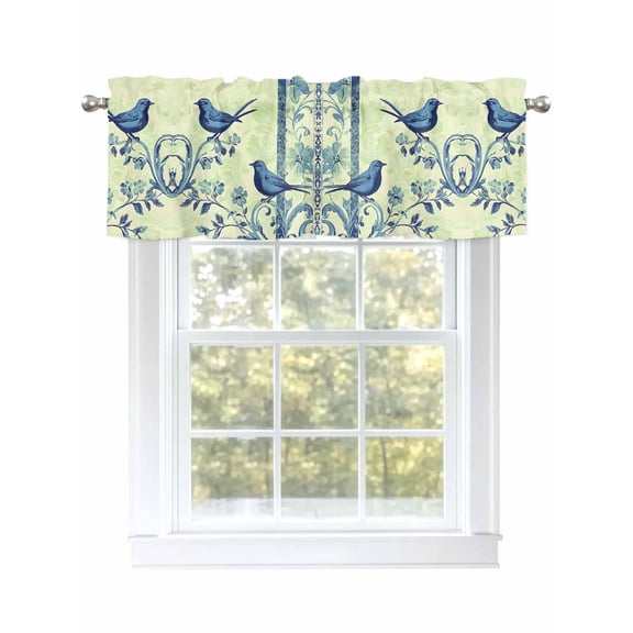 Blue Vintage Bird Curtain Valances for Windows, Retro Sage Green Summer Botanical Kitchen Valance Window Treatment, Light Filtering Block Curtains for Bathroom/Bedroom/Living Room 54'' x 18''