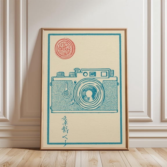 Blue Vintage Camera Japanese Linocut Photography Minimalist Art Unframed Paper Print