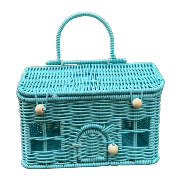 Blue Vintage Christmas House Willow Basket, Woven Gift Basket with Door for Coastal Holiday Decor, Rustic Blue Treat Display for Winter and Cabin Decor