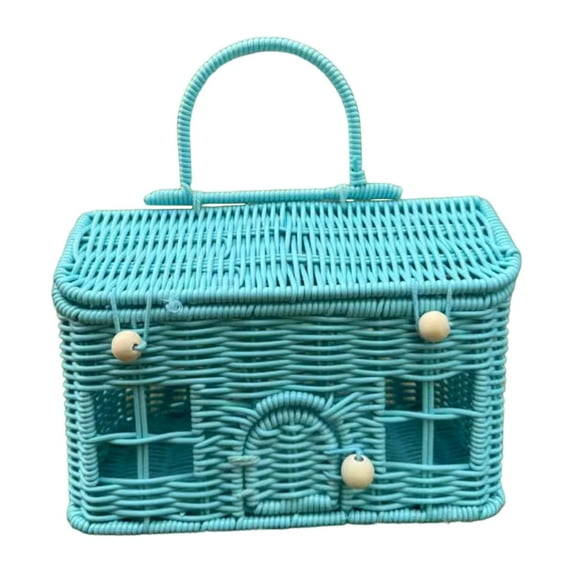 Blue Vintage Christmas House Willow Basket, Woven Gift Basket with Door for Coastal Holiday Decor, Rustic Blue Treat Display for Winter and Cabin Decor
