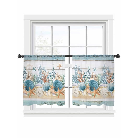 Blue Vintage Coastal Sheer Curtains 2 Panels Set Summer Nautical Coral Starfish Shell Sheer Window Curtains Light Filtering Rod Pocket Voile Drapes for Bedroom Living Room 52"x54"