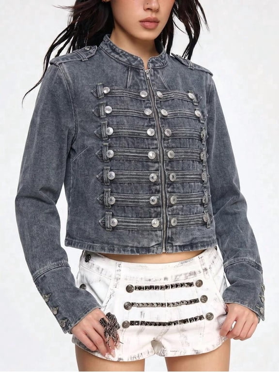 Blue Vintage Distressed Denim Jacket With Military Style Metal Buttons