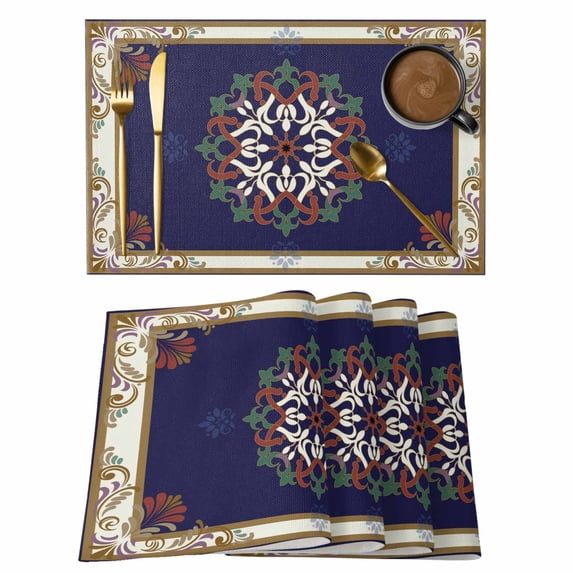 Blue Vintage Floral Placemats Set of 1, Country Exotic Mystical Abstract Flower Leaf Non-Slip Place Mats Washable Table Mats for Kitchen Dining Table Decorations Indoor/Outdoor