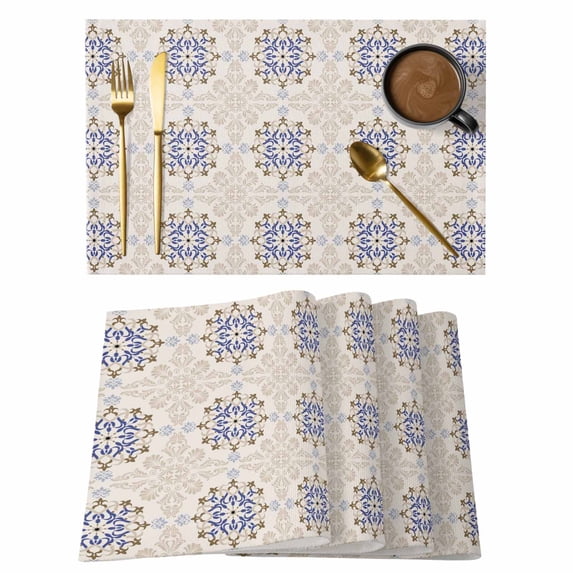 Blue Vintage Floral Placemats Set of 8, Country Retro Exotic Farmhouse Abstract Flower Non-Slip Place Mats Washable Table Mats for Kitchen Dining Table Decorations Indoor/Outdoor