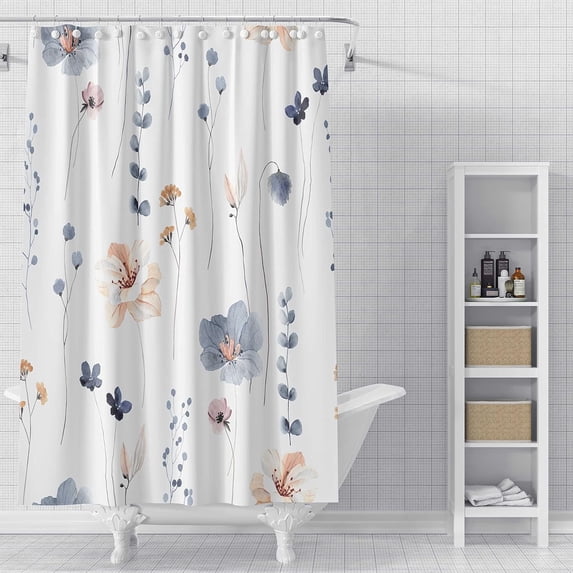 Blue Vintage Floral Shower Curtain 36 x 72 Inch, Floral Botanical Shower Curtain for Bathroom Decor, Wildflower Herb Shower Curtain with Hooks