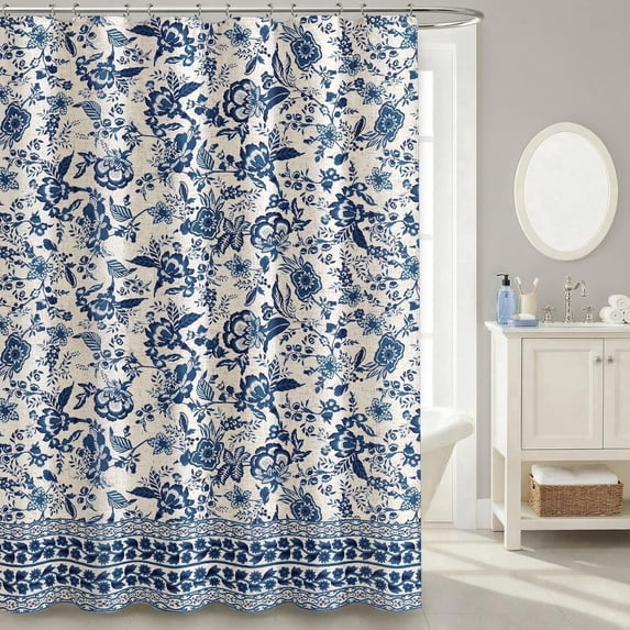 Blue Vintage Floral Shower Curtain, Toile Cottagecore Boho Shower Curtains for Bathroom, 72" x 72 "