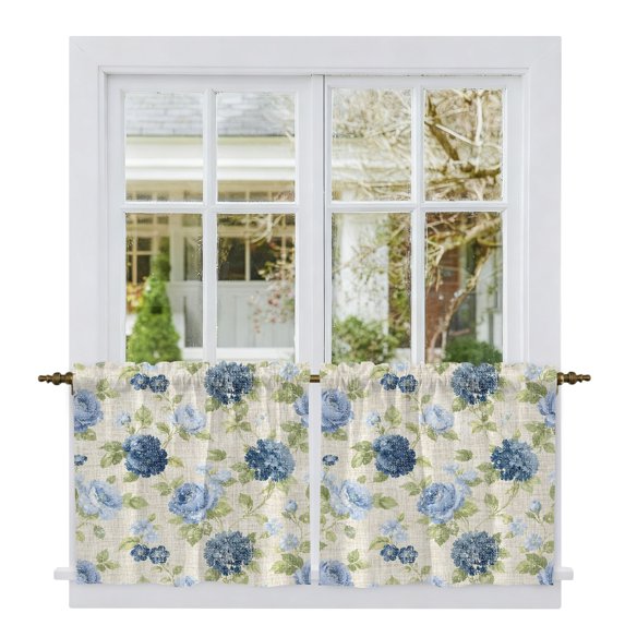 Blue Vintage Floral Tier Curtains 36 Inch Length, Hydrangea Botanical Elegant Cafe Short Curtains for Bathroom Over Sink, Small Kitchen Curtain Light Filtering Tiered Drapes 2 Panels 27.5"Wx36"L