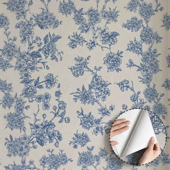 Blue Vintage Floral Wallpaper Peel and Stick Waterproof, Rustic Farmhouse Style Wall Decor for Bedroom Living Room Bathroom Kitchen Cabinet Drawer Rental Property, 17.7 * 78.7 in