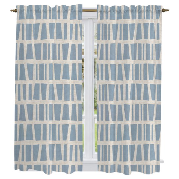 Blue Vintage Geometric Kitchen Curtains 63 Inch Length, Retro Art Rustic Aesthetics Tiers Curtains for Living Room Berdoom Bathroom, Light Filtering Drapes Window Treatment 2 Panels 42"Wx63"L