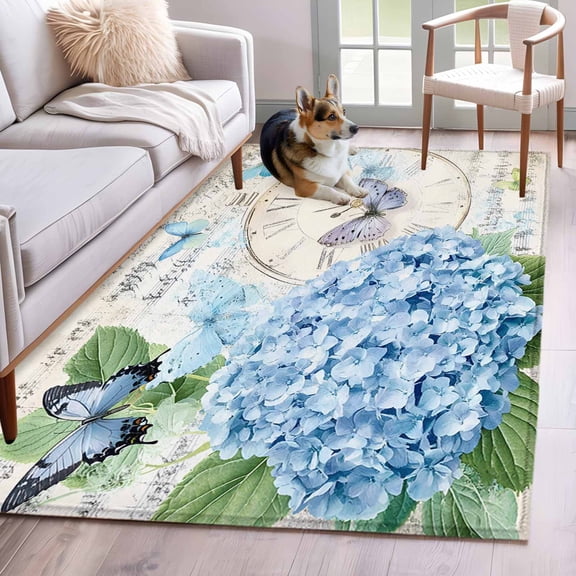 Blue Vintage Hydrangea Area Rug 4x6 Washable Rug Non Slip Spring Retro Clock Butterfly Large Area Rug Indoor Floor Carpet for Entryway Bedroom Kitchen Living Room Home Office Dining Room Nursery