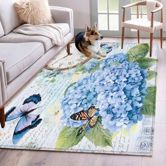 Blue Vintage Hydrangea Area Rug 4x6 Washable Rug Non Slip Spring Rustic Clock Butterfly Large Area Rug Indoor Floor Carpet for Entryway Bedroom Kitchen Living Room Home Office Dining Room Nursery