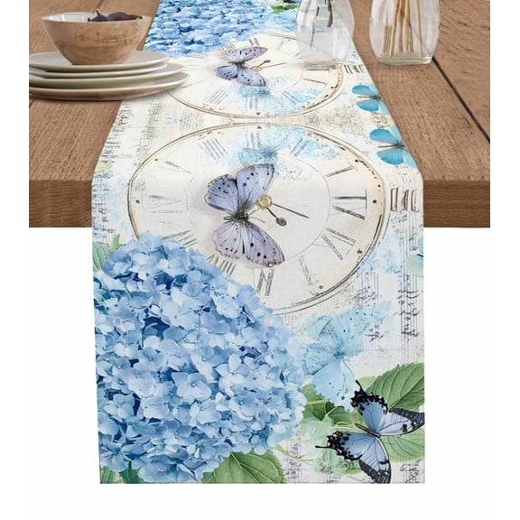 Blue Vintage Hydrangea Burlap Cotton Table Runner 13x60 Inches Long, Spring Retro Clock Butterfly Farmhouse Table Runners, Outdoor Dining Tablecloths Decor for Baby Shower/Party/Wedding
