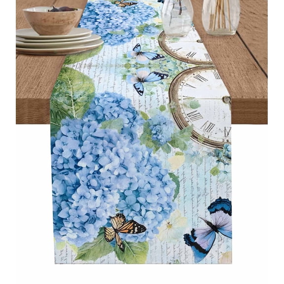 Blue Vintage Hydrangea Burlap Cotton Table Runner 13x90 Inches Long, Spring Rustic Clock Butterfly Farmhouse Table Runners, Outdoor Dining Tablecloths Decor for Baby Shower/Party/Wedding
