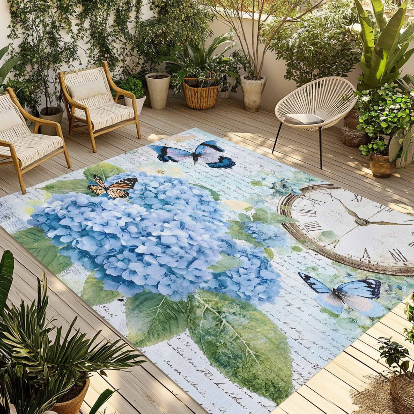 Blue Vintage Hydrangea Outdoor Rug 6x9 Ft - Reversible Patio Rug ...