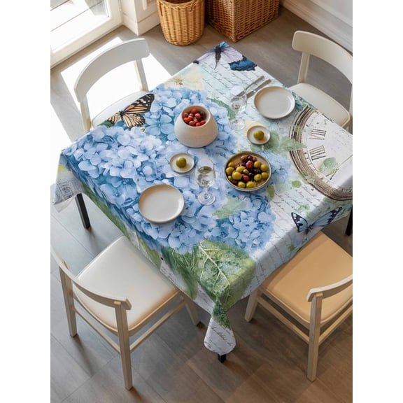 Blue Vintage Hydrangea Tablecloth Square Table Cloth 60x60, Waterproof Tablecloth Outdoor Table Cloth, Spring Rustic Clock Butterfly Washable Table Cover for Kitchen Dinning Party
