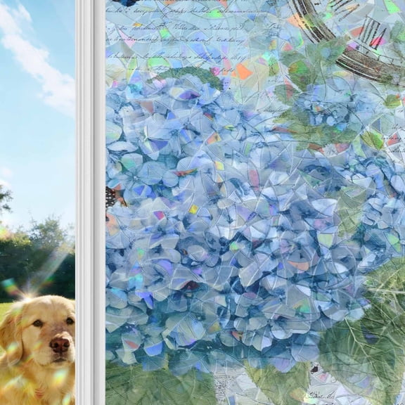 Blue Vintage Hydrangea Window Privacy Film Stain Glass,Reusable Decorative Rainbow Window Film,Spring Rustic Clock Butterfly Static Cling Sun Blocking Stickers Decals Covers 17.7" x 39.3" (2pcs)