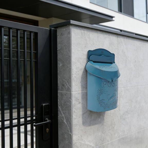 Blue Vintage Iron Wall-Mounted Post Box 9.6x3.8x15.6in for Home Garden
