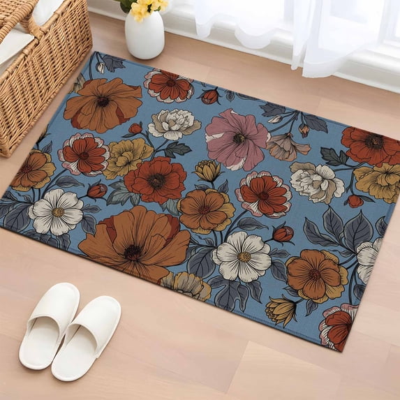 Blue Vintage Peony Entryway Rug 2'x3' Non Slip Front Door Mats, Summer Botanical Retro Art Entrance Rugs Indoor Outdoor Carpet, Washable Floor Mats Small Area Rug for Bedroom Kitchen