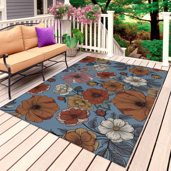 Blue Vintage Peony Outdoor Rug 5x8 Ft, Non Slip Washable Area Rug, Summer Botanical Retro Art Patio Rugs Carpet Runner, Large Floor Mat for Indoor/Outdoor Deck Porch Camping