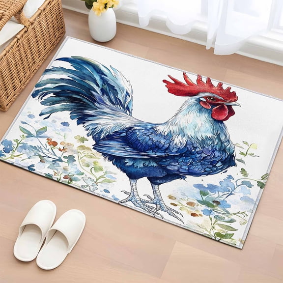 Blue Vintage Rooster Bathroom Rug Washable 2x3 Entryway Rug Non Slip Spring Floral Elegant Animals Front Door Mat Low Pile Indoor Doormat Throw Floor Carpet for Kitchen Bedroom Entrance