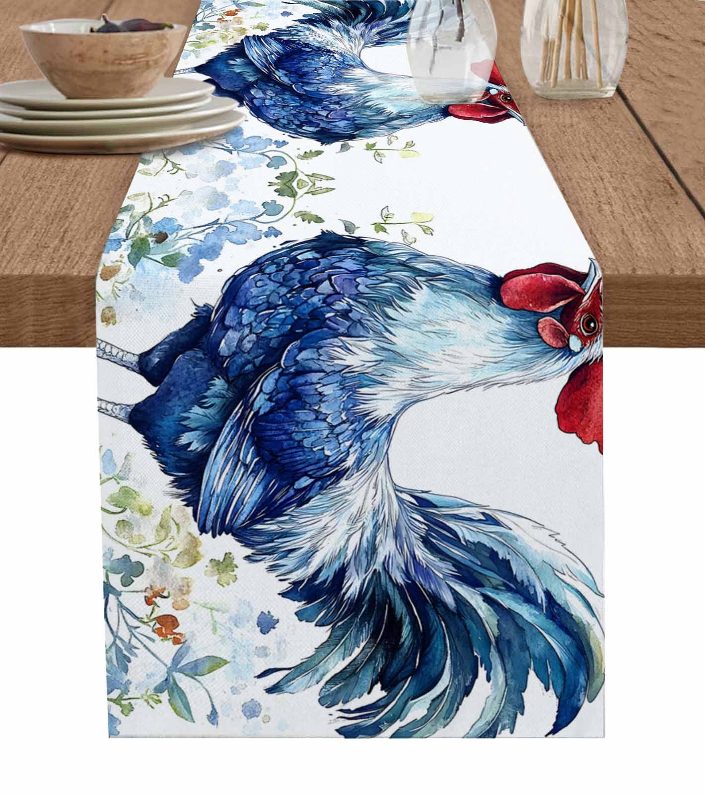 Blue Vintage Rooster Table Runner 48 Inches, Spring Floral Elegant ...