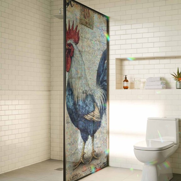 Blue Vintage Rooster Window Privacy Film Rainbow Static Cling Stain Glass Window Film for Glass Door, Decorative Sunroof Decal Sticker for Car Bathroom Home 29.5"x118" Pastoral Elegant Animals