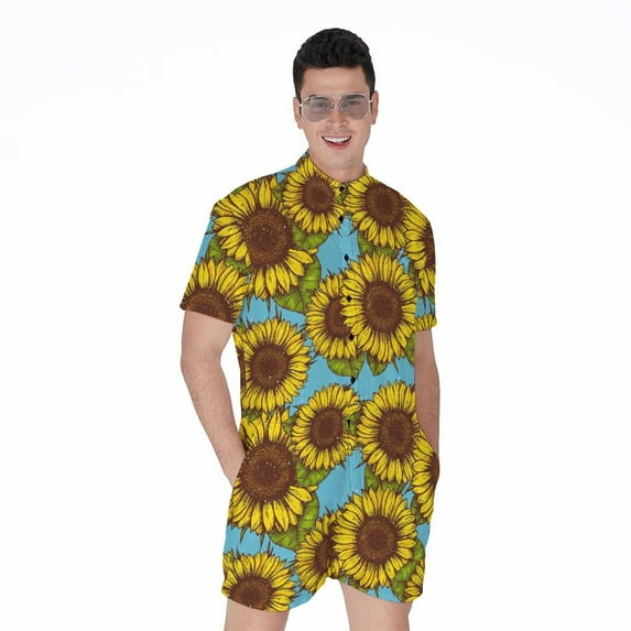 Blue Vintage Sunflower Pattern Short Sleeve Men'S Rompers Casual Summer Jumpsuits Outfit