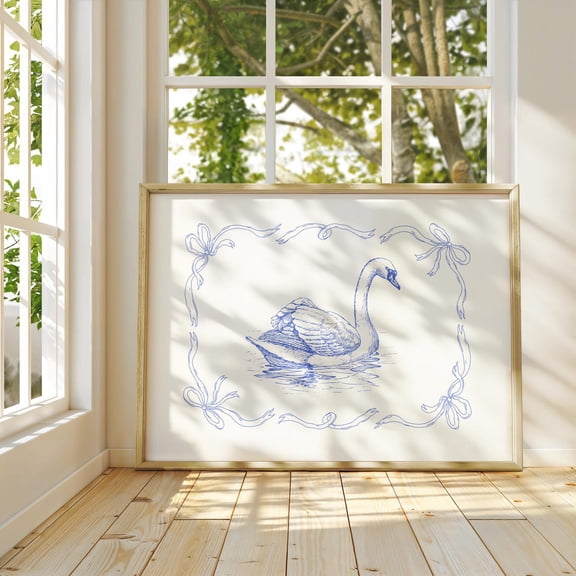 Blue Vintage Swan Horizontal Print, Nursery, Botanical, Cottage Core Decor, Wall Art Wall Art, Modern Wall Decor For Living Room, 24x36 UNFRAMED