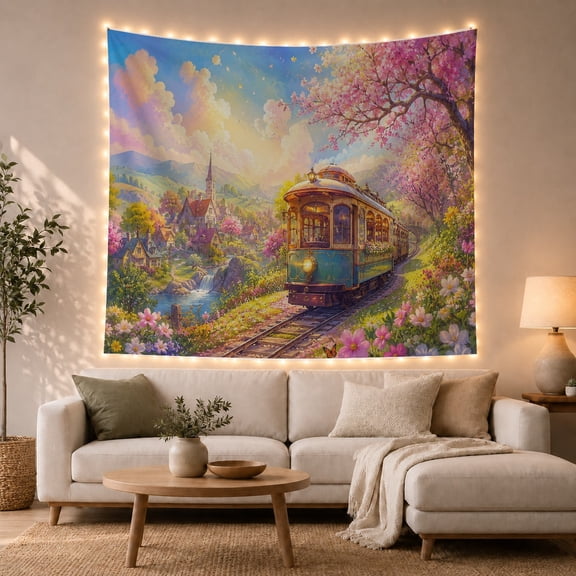 Blue Vintage Tram in Spring Village with Flowering Hillside, Dreamy Watercolor for Nature Lovers, Scenic Landscape Art, Housewarming Gift, Tapestry Wall Hanging for Bedroom and Living Room