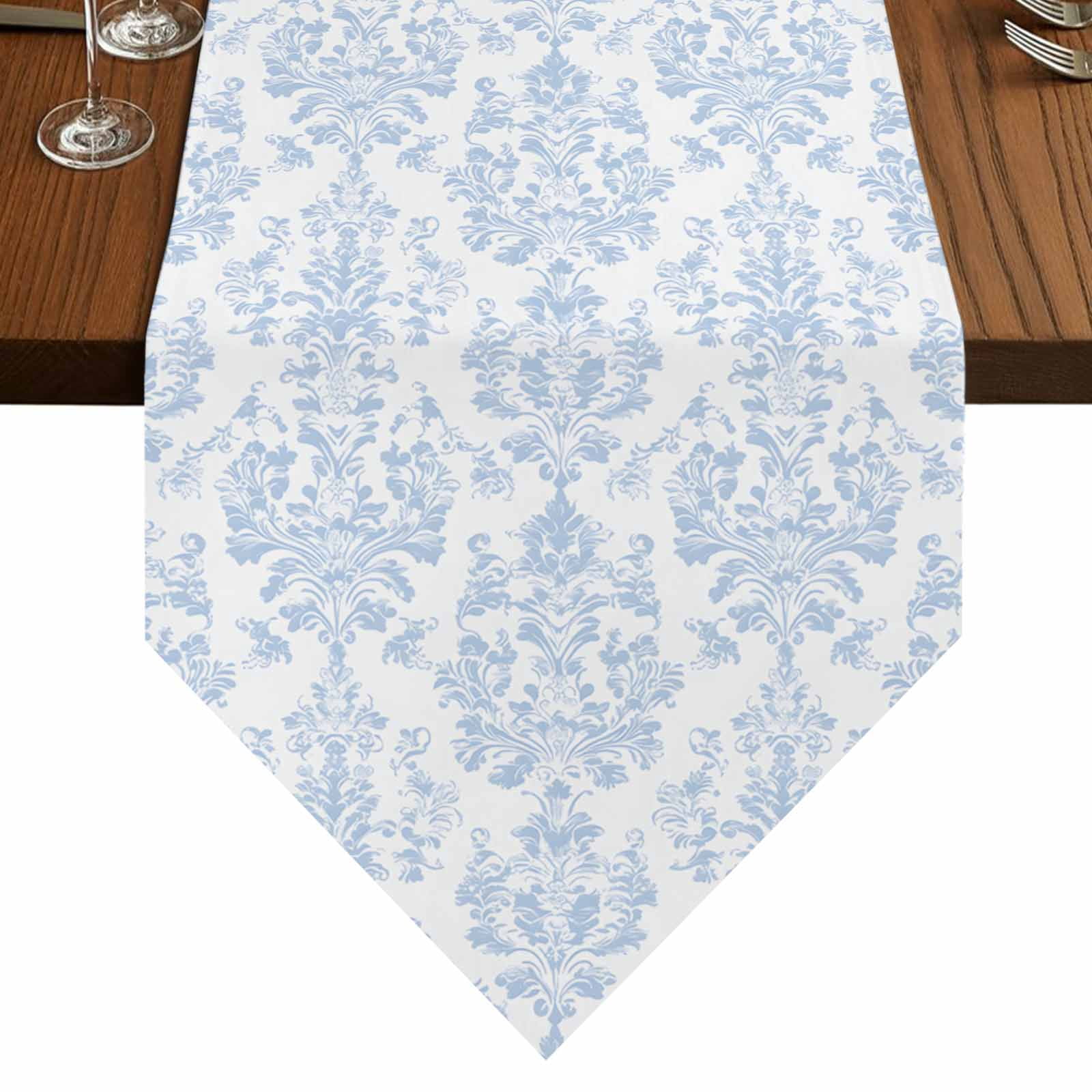 Blue Vintage Wallpaper Table Runner for Dining Room, Medieval Turkish Pattern Cotton Linen Dining Table Runner Tablecloth Dresser Scarves for Kitchen Cafe 13x120 Inches Long