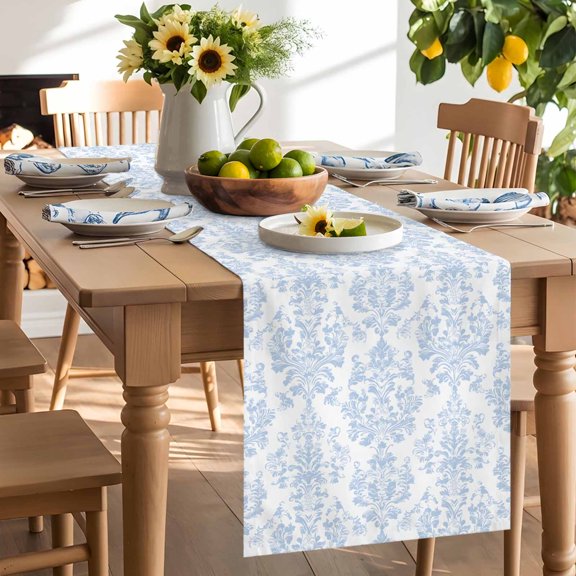 Blue Vintage Wallpaper Table Runner, Medieval Turkish Pattern Washable Kitchen Table Runners Dress Scarves for Dining Table Decorations Party/Restaurant/Indoor Outdoor Use, 13x36in