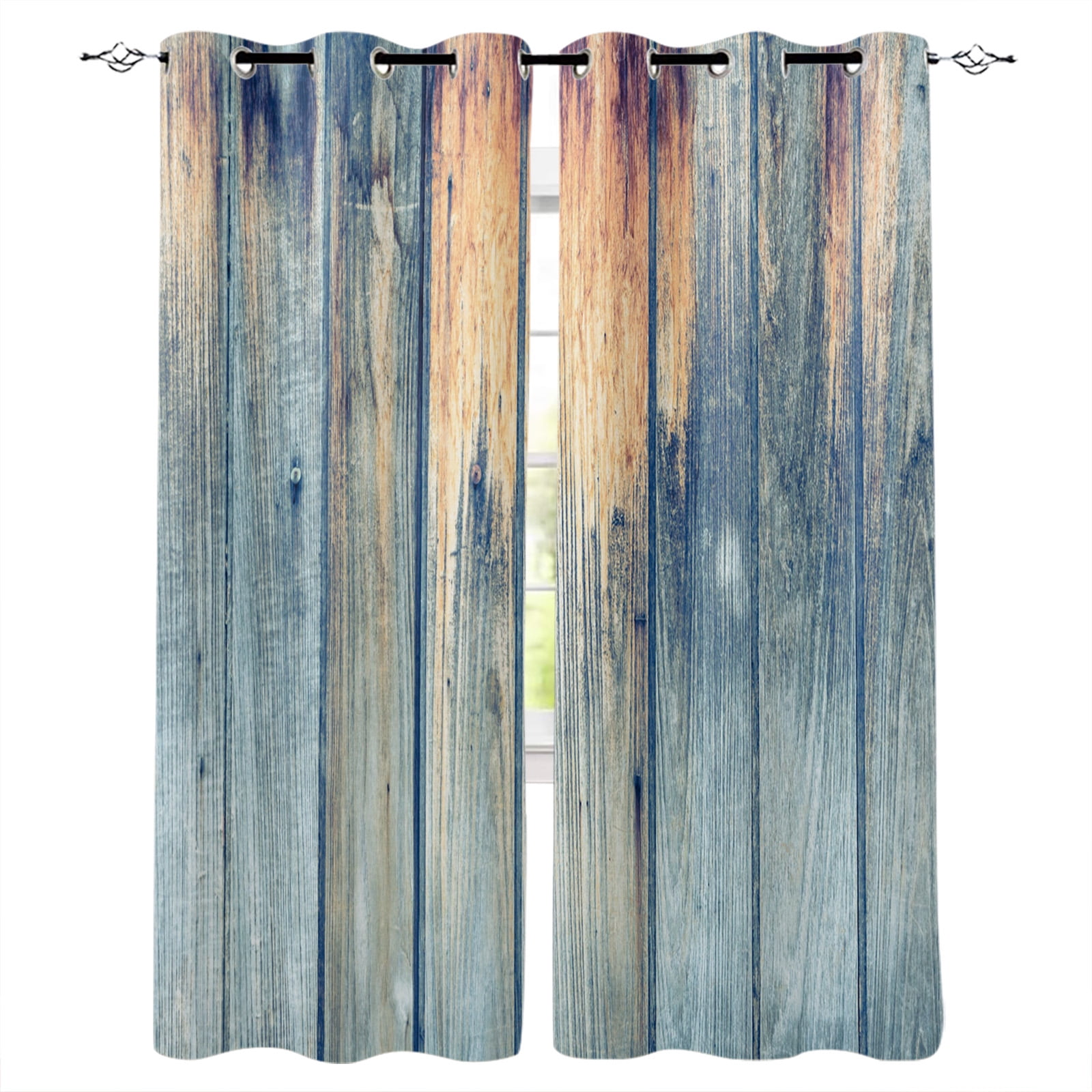 Blue Vintage Wood Grain Antique Rustic Window Curtains Living Room