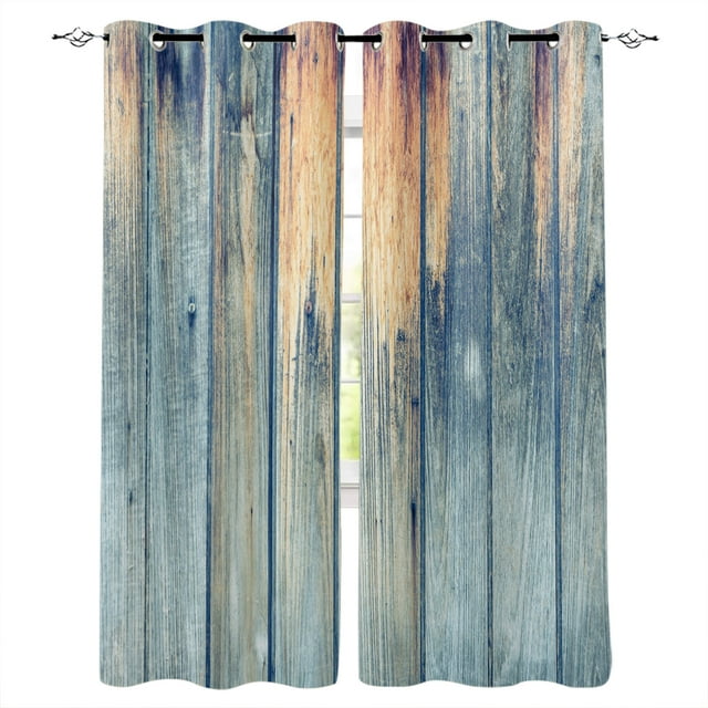 Blue Vintage Wood Grain Antique Rustic Window Curtains Living Room